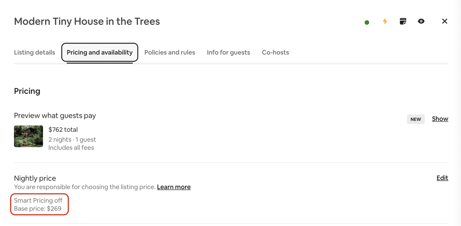 Airbnb listing smart pricing page