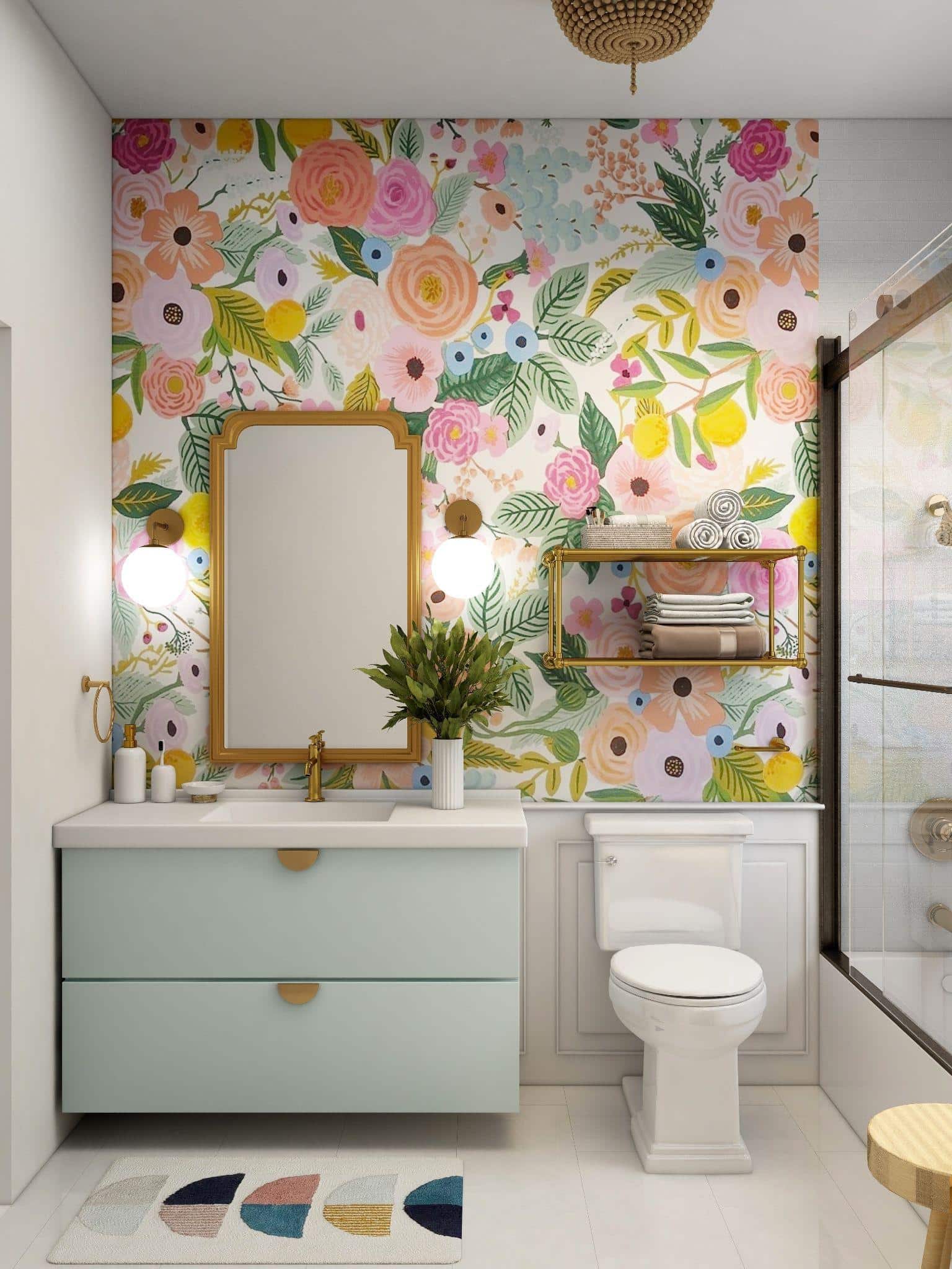 small bathroom with floral wallpaper