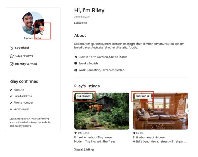 Airbnb profile page of a superhost